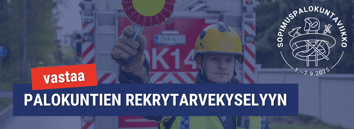 Palokuntalainen pysäyttämässä liikennettä ja kuvan päällä teksti vastaa palokuntien rekrytarvekyselyyn. Sopimuspalokuntaviikon logo.